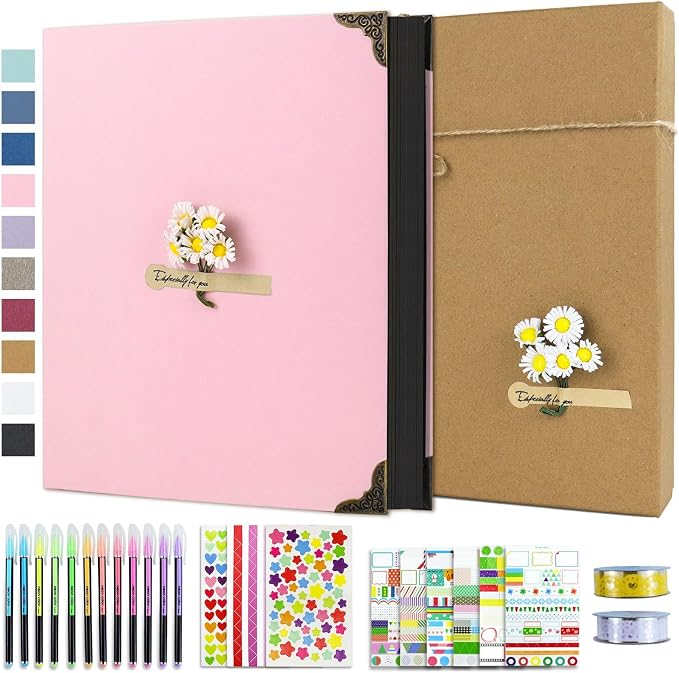 Vienrose DIY Scrapbook Photo Album Kit,8.5x11 Inch,60 Pages,Pink | 30 Sheets,Hardcover,3-Ring Removable Black Paper,Pens,Tapes,Stickers,Gift for Lover Friends Kids Wedding Valentine's