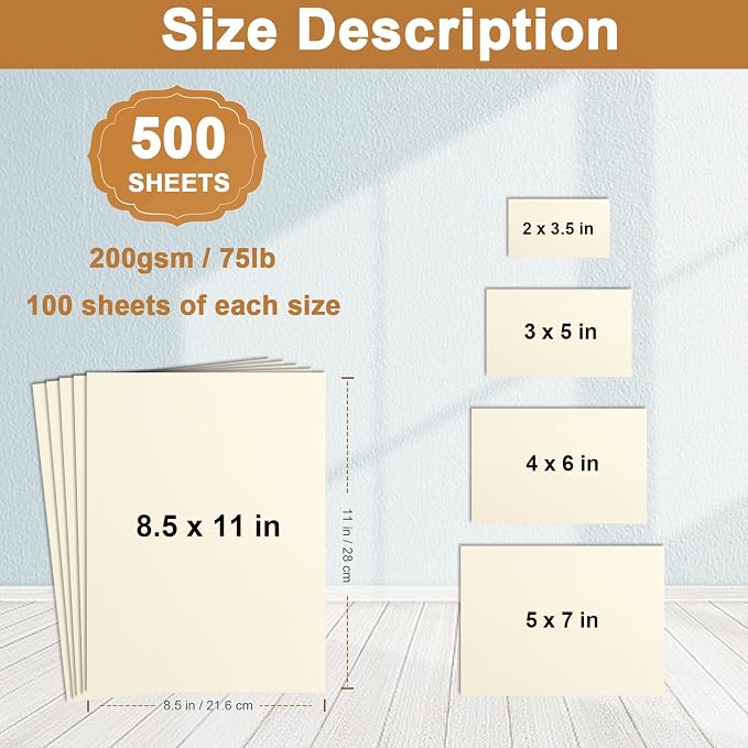 Silunkia 500 Sheets Cream Cardstock 5 Assorted Size Ivory Paper 75lb