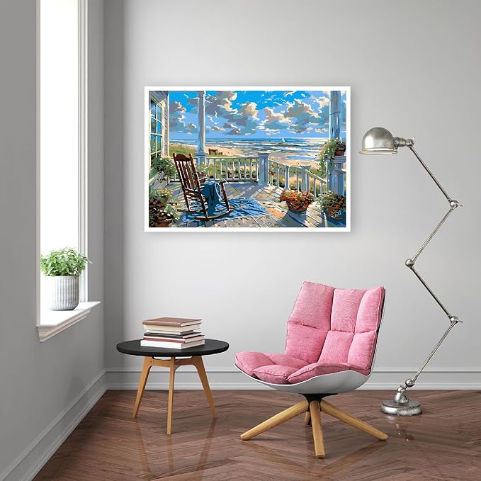 Clendo Landscape Paint by Numbers for Adults with Easel, Beach Adult Paint by Number Kits on Canvas, Framed DIY Color Oil Painting Acrylic Paints,Home Wall Decor 12x16inch
