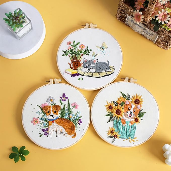 GLTAYLMY Dogs Embroidery Kit for Beginners with Pattern and Instructions,3 Pack Cross Stitch Kits,1 Plastic Embroidery Hoops,Threads and Needles,Needlepoint Kit for Adults