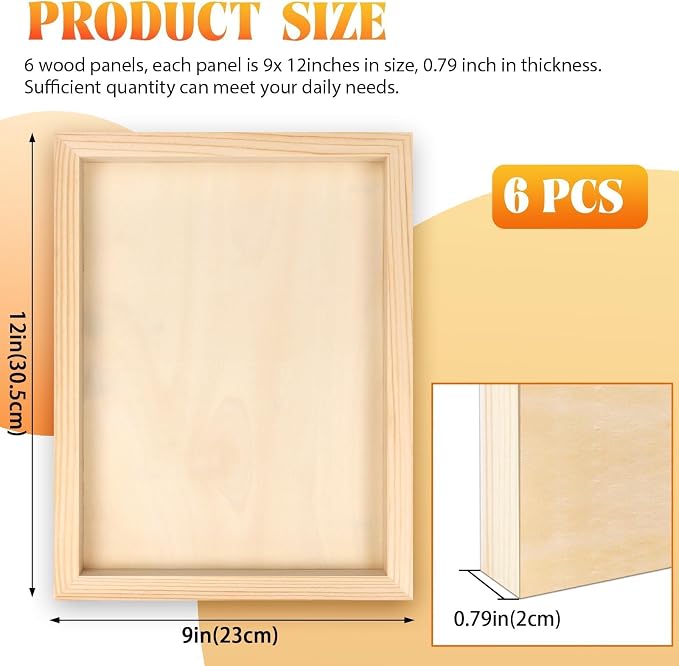 FSWCCK 6 Pack 9 x 12’’ Wooden Panel Boards, 0.79’’ Deep Unfinished Wood Canvas Panels for Crafts, Painting Canvas, DIY Art Projects, Pouring Arts