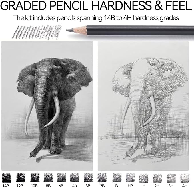 PANDAFLY Drawing Sketch Pencil Set, 16 Piece, 4H to 14B Graphite Pencils | Includes Erasers and Pencil Sharpener, Pro Art Pencil Kit for Drawing, Sketching, Shading, Ideal for Artists and Beginners
