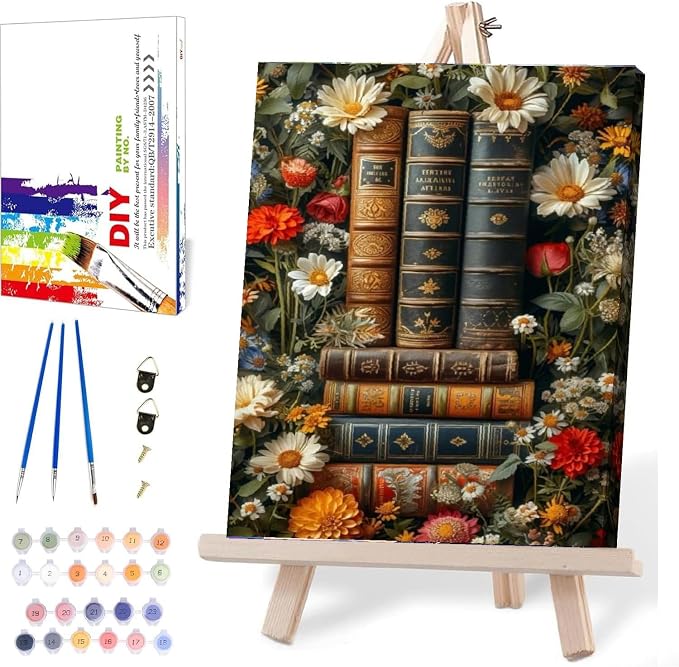 Clendo Book Paint by Numbers Kit for Adults Beginner, Flower Framed Adult's Paint by Number Kits with Easel, DIY Oil Painting Kits for Gift Home Wall Decor 12x16 Inch