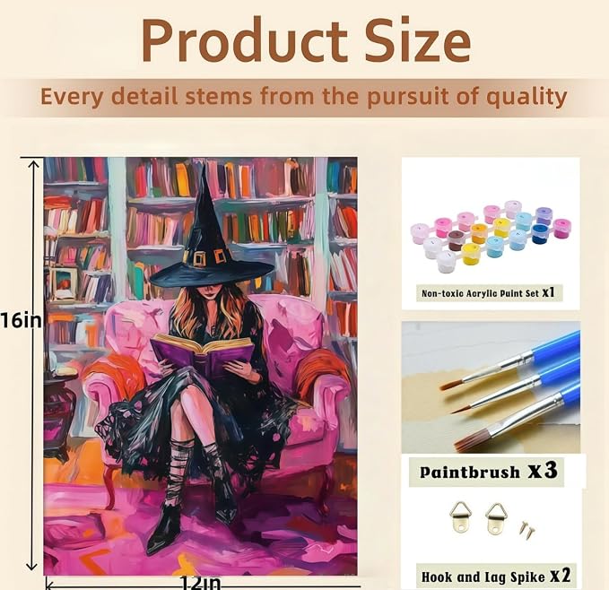 Halloween Witch Book Paint by Numbers Kit for Adults Beginners 12x16In | Easy Adult Paint by Number Kits On Canvas, DIY Acrylic Oil Painting Kits for Halloween Home Wall Decor