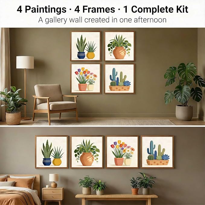 Amphol Framed Paint by Numbers Kit for Adults Beginners - 4 Pack 10”x10” Easy Plant Potted Paint by Number on Framed Canvas, DIY Small Frame Painting Arts with Acrylic Paints for Home Wall Decor Gift