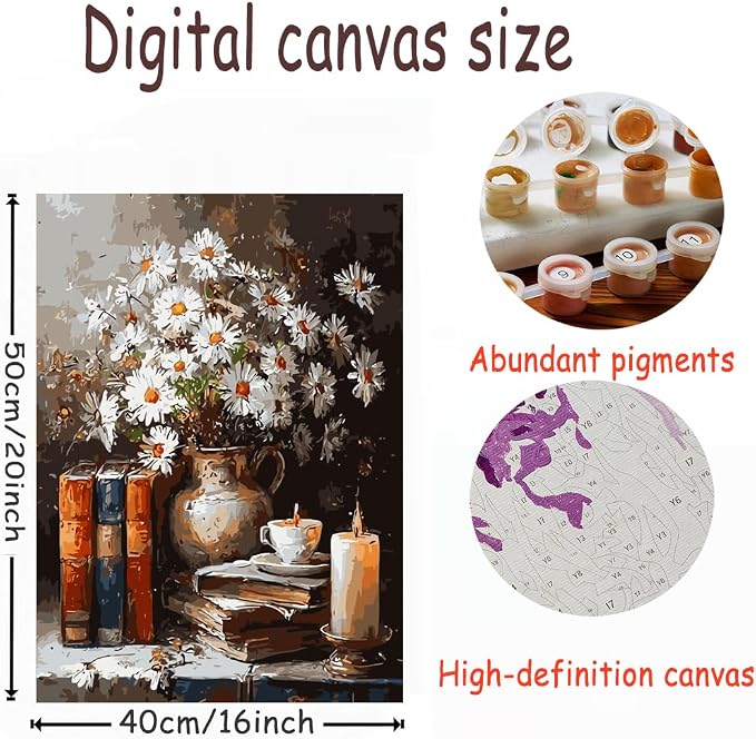 OJTOYART Daisies Paint by Numbers Kit for Adults, vase Adult Painting by Numbers for Beginner on Canvas, DIY Hand Painted Oil Paintings for Home Wall Decor 16 X 20 inch