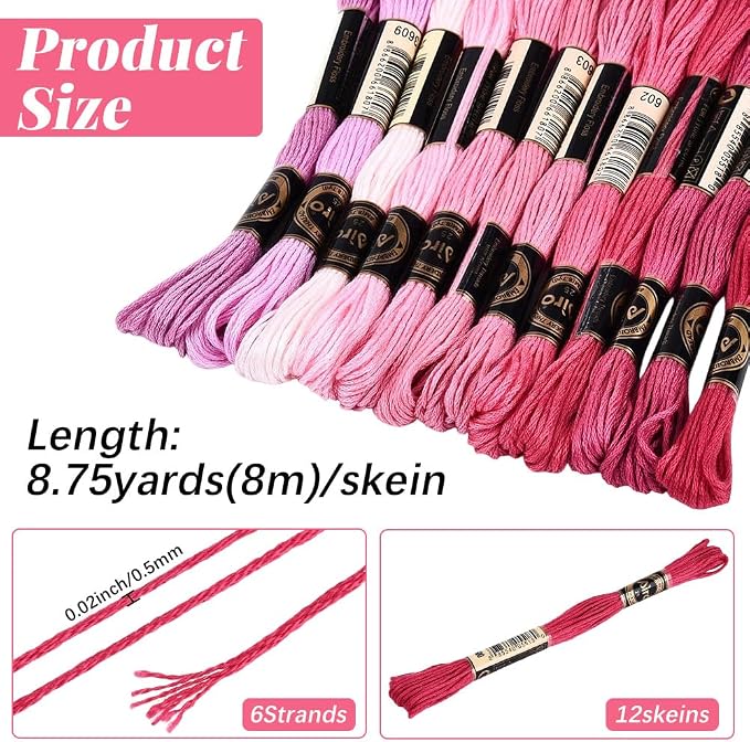 12 Skeins 105 Yards 6 Strands Pink Embroidery Floss Friendship Bracelet String Threads Variegated Gradient Polyester Cross Stitch Thread Yarn Set for Jewelry Hand Sewing Knitting Craft DIY