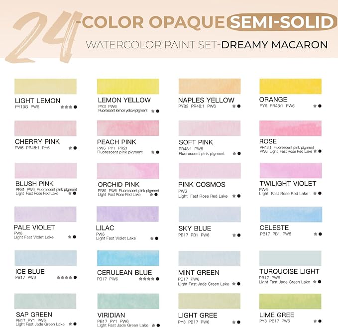 Fuumuui CREAMORA Watercolor Paint Set 24 Colors Opaque Semi-Solid - Muted Cream Dreamy Macaron Tone for Soft Gradient, Professional Art Supplies for Adult Artists & Beginners Painting Sketching