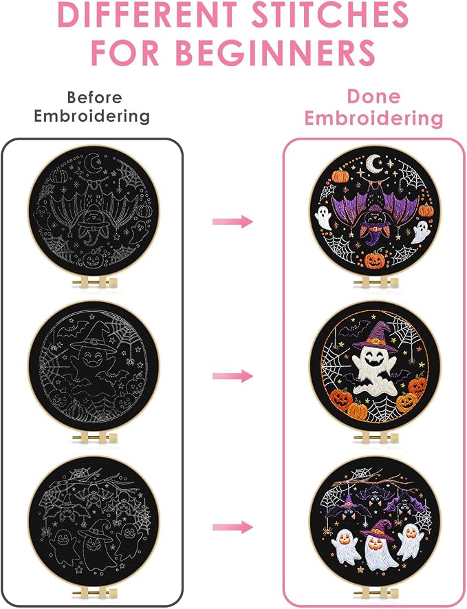 TINDTOP Halloween Embroidery Kit for Adult, 3 Pack Embroidery DIY Starter Kit, with Stamped Patterns, Hoop, Tools, Colorful Threads with Needles, Instructions