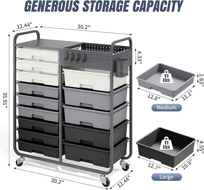 14 Drawer Rolling Storage Cart with Tabletop and Pegboard for Crafts Grey | Easy Setup, Large Capacity, Sturdy Build, Smooth Mobility, For classroom, office and dorm supplies