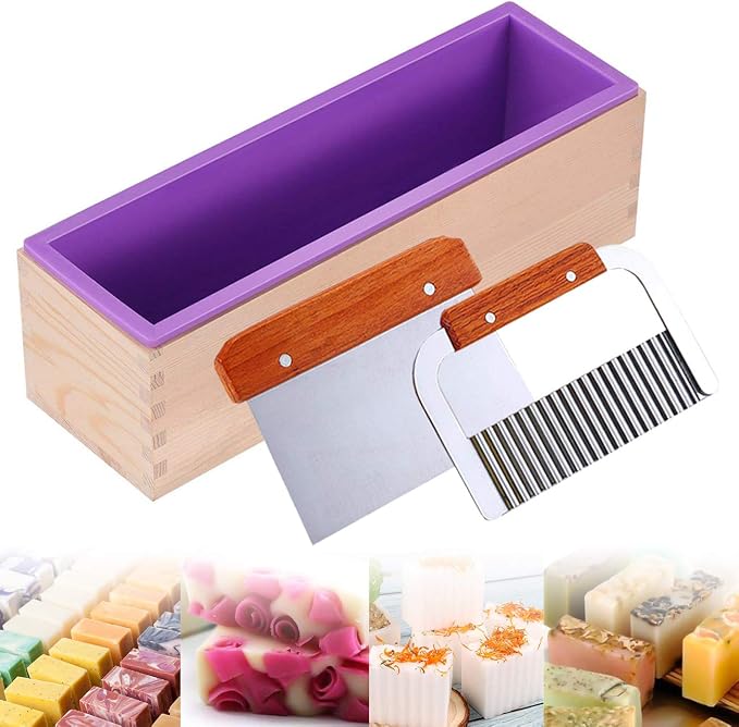 Ogrmar Silicone Soap Molds Kit 42 oz Wooden Silicone Rectangular Mold | Soap Molds For Soap Making Kit with Stainless Steel Wavy & Straight Scraper for Soap Cake Making (Purple)