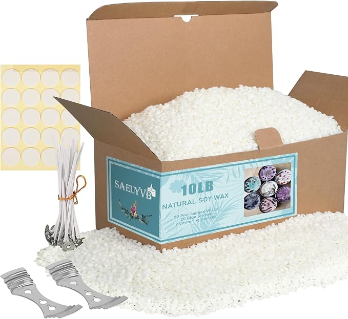 SAEUYVB Soy Candle Wax for Candle Making,10 lbs Natural Soy Wax Pellets | Soy Wax for Candle Making with 20 Candle Wicks,20 Wick Stickers and 2 Centering Devices,DIY Candle Making Supplies