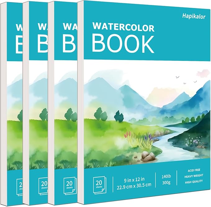 Hapikalor 4-Pack 9"x12" Watercolor Paper, 140lb/300g Water Color Paper Teal | Artist Painting Drawing Paper Book, Art Supplies for Adults Kids, Watercolors, Watercolor Paint Set, Sketchbook, Journal