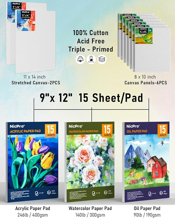 Nicpro 158PCS Deluxe Art Painting Kit for Artist with Easel, Paints & Brush | Professional Metal and Solid Beech Wood Easel, Acrylic, Oil & Watercolor Paint Set, Paint Brushes, Canvas, Palette, Paper Pad