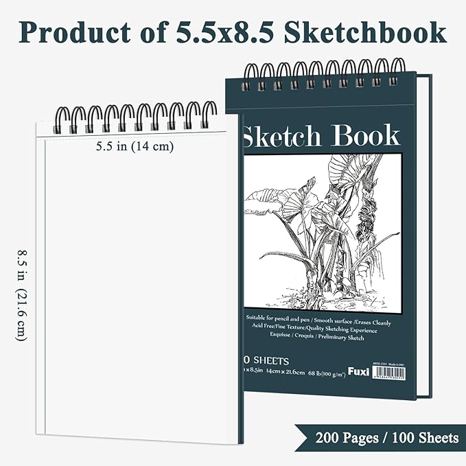 Fuxi Small Sketch Book, Spiral-Bound Sketchbook 5.5 x 8.5 2-Pack 200 Sheets | Small Sketchbook, 100 Sheets Each, 68lb/100gsm Drawing Paper Pad, Small Sketch Pads for Drawing for Adults, Kids & Beginners.