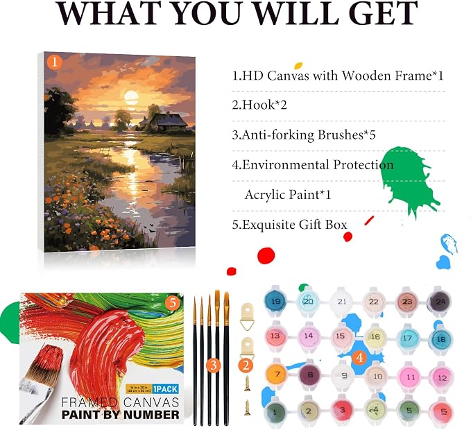 Framed Paint by Numbers Kit for Adults 16x20 Inch, Countryside Sunset | DIY Acrylic Painting by Numbers Riverside Cabin, With Frame Canvas, Stress Relief Craft Kits, For Home Decor Gift