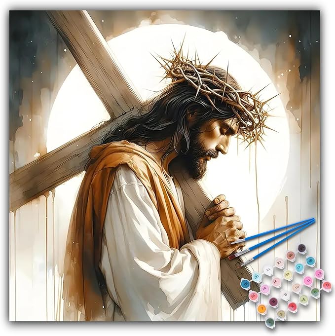 Paint by Numbers Kit for Adults, Jesus Cross Acrylic Canvas Painting Set | 16x16 Inch, Religious Christians DIY Number Painting Craft Kit, Home Wall Decor, Stress Relief Relaxing Hobby Gift