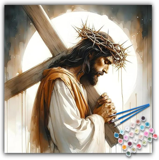 Paint by Numbers Kit for Adults, Jesus Cross Acrylic Canvas Painting Set | 16x16 Inch, Religious Christians DIY Number Painting Craft Kit, Home Wall Decor, Stress Relief Relaxing Hobby Gift