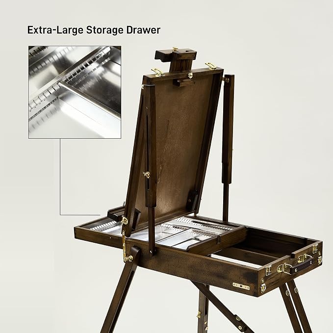 French Easel for Painting: Deluxe Beech Wood Plein Air Easel Stand with Metal Side Tray - Portable Sketchbox for Outdoor Field & Studio - Holds Canvas up to 34"- Gray Walnut