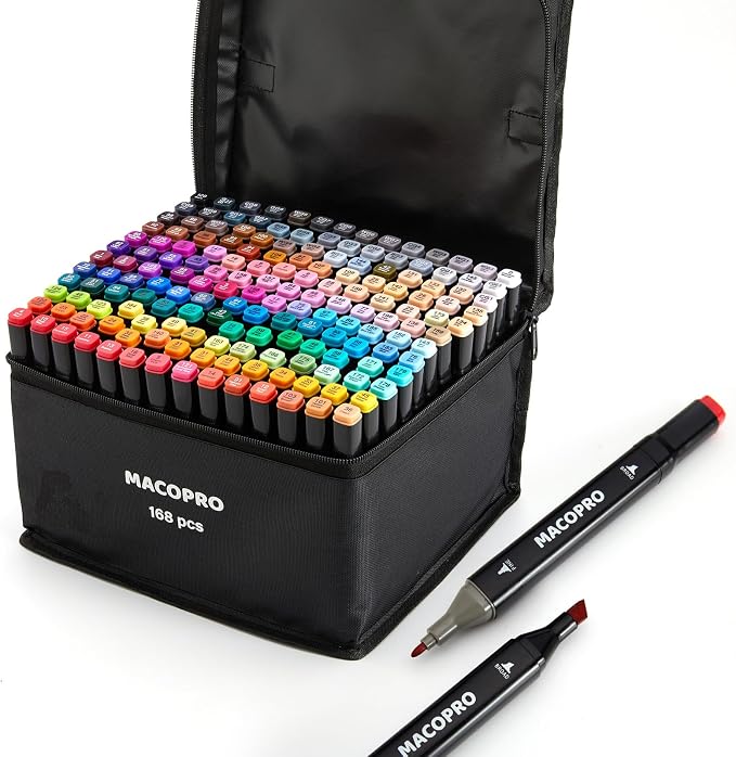 Alcohol Markers Set, Alcohol Based Dual Tip, Broad and Brush Tip for Adult Coloring Books, Drawing, Sketching (168)