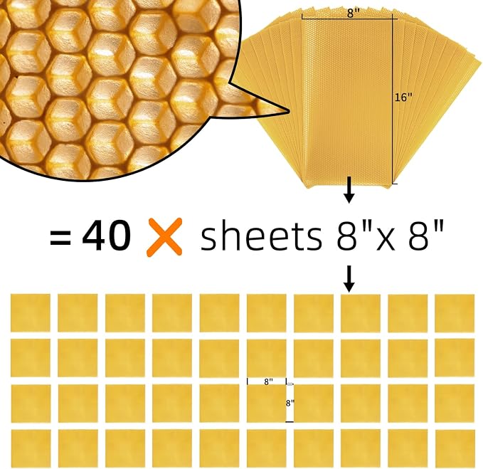 Lacaser Beeswax Sheets for Candle Making Kit, 20 Pcs 8"x16" Pure Bees Wax Made Sheets Equals to 40pcs 8"x8" Beeswax Sheets, Include Bee Ornaments,Cotton Candle Wicks for Bulk Candle Making