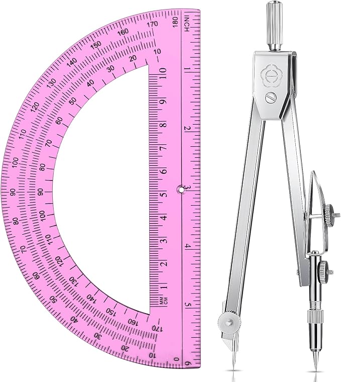 EBOOT Drawing Compass and 6 in Protractor Geometry Set, Pink | Geometry Math Set, Swing Arm Protractor Ruler Compass, Geometry Drawing Tools for Measuring Angles