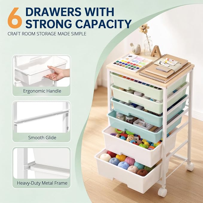 Delamu Rolling Storage Cart with 6 Drawers, Utility Craft Storage Cart | Storage Drawers Cart with Wooden Tabletop and Lockable Casters for Classroom Office Dorm Craft Art Supplie, Green
