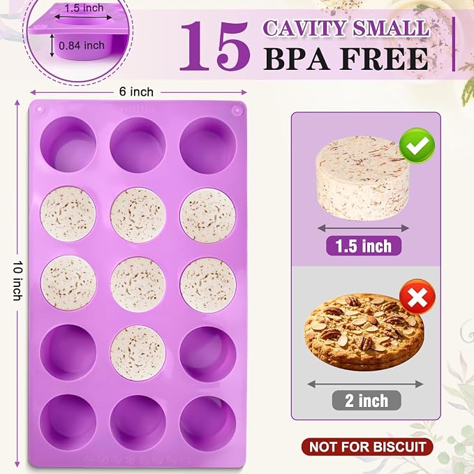 Walfos 3 Pack Small Soap Molds,15 Cavity Mini Round Silicone Molds,1.5inch Cylinder Silicone Soap Molds Perfect for Soap Making.Non-Stick BPA Free and Dishwasher Safe