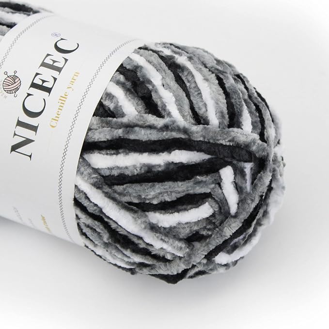 NICEEC 2 Skeins Soft Chenille Yarn 2x255m(2x279yds,3x150g)_Black White Gray