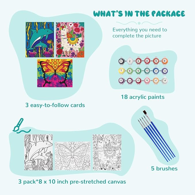 goldentime 3 Pack Kids Paint by Numbers Kit, Pre-Drawn Canvas Painting, Includes 8x10 inch Framed Canvas with 18 Acrylic Paints, 5 Brushes, Perfect Creative Gifts & Arts and Crafts for Kids