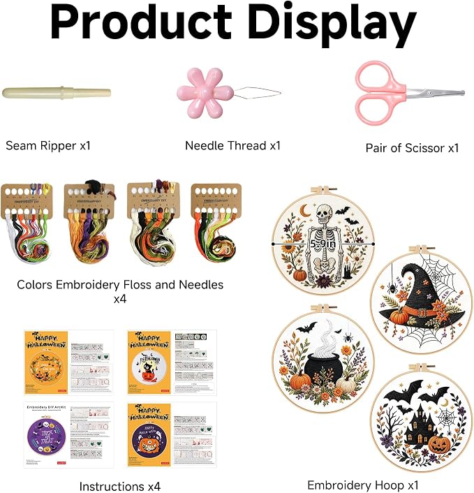 Halloween Embroidery Kit, Skeleton Cross Stitch Kits, 4 Set Craft Kits for Beginners with Pre-Printed Embroidery Fabric, Hoops, Step-by-Step Instructions, Color Threads & Needles (Halloween-4 Set)