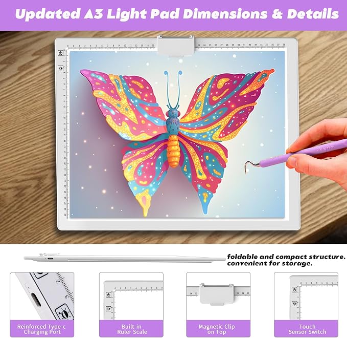 YINGWOND Wireless Rechargeable A3 Light Pad with Carry Bag,Diamond Art Light Board 2500mAh Battery,3 Color Temperatures and Stepless Dimming,Light Box for Tracing,Diamond Painting,Weeding Vinyl