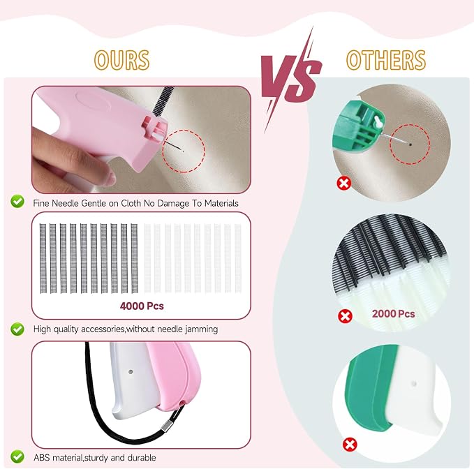 Pink and White Stitch Gun for Clothes - Quick Stitch Sewing Gun for Clothing Fixer Includes 2000 Black Fasteners & 2000 White Fasteners with 6 Need