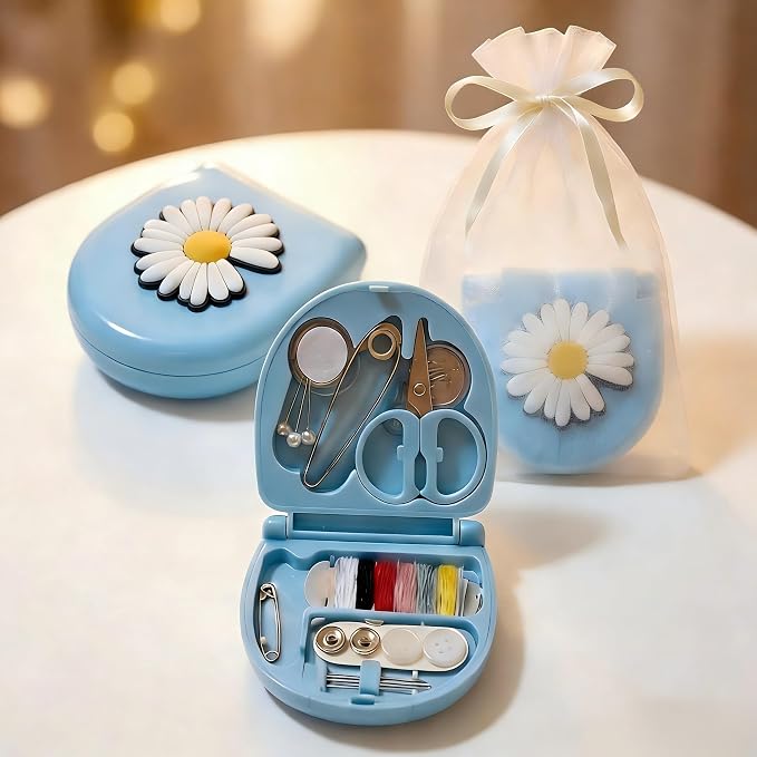 2 Pack Mini Travel Sewing Kit, Portable Emergency Sewing Box with Scissors, Needles, Threads, Compact Clothing Repair Set for Travel, Purse, Office, College Dorm (3D Daisy White)
