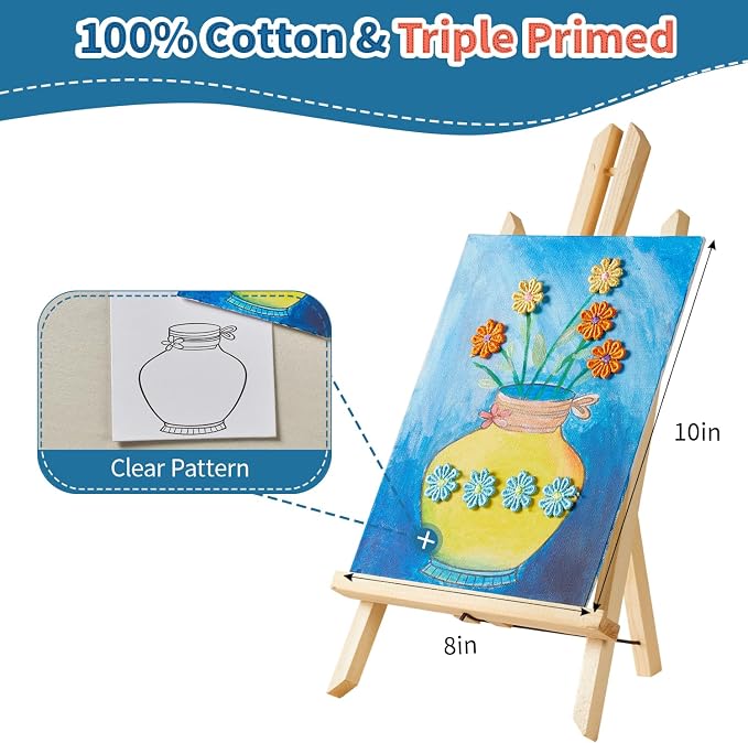 DIY Vase Pre Drawn Canvas Painting Kit, 3-Pack 8x10 Inch Canvas Panels, 40 Tassel Flowers, 8 Acrylic Paints, 3 Brushes & Double-Sided Tape, Creative Art Kit for DIY Projects & Crafting Fun