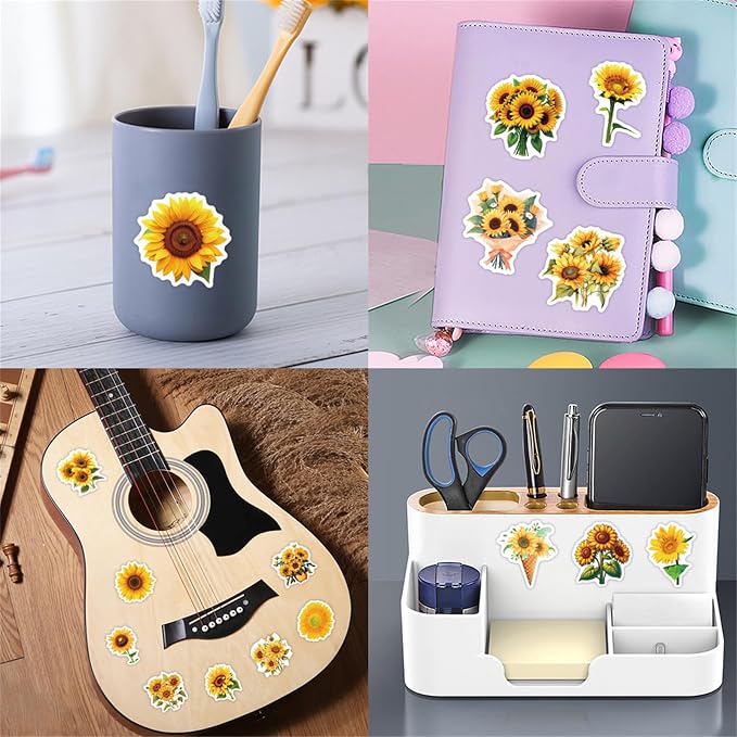 60 Pcs Sunflower Stickers, Transparent Waterproof Vinyl Decals, Aesthetic Floral Stickers for Journaling, Scrapbooking, Laptop, Water Bottle, Phone Case, Happy Theme Decoration(Colourful-F8)