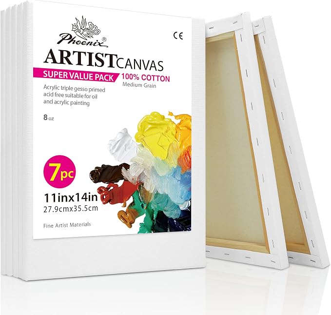 PHOENIX Stretched Canvas for Painting 11x14 Inch/7 Value Pack, 8 Oz Triple Primed 5/8 Inch Profile 100% Cotton White Blank Canvas, Artist Framed Canvas for Oil Acrylic & Pouring Art