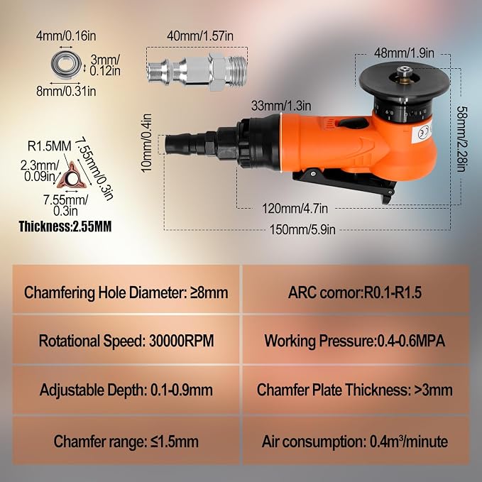 2 in 1 Mini Pneumatic Chamfering Machine, 45° Arc Corner Beveling Trimming Deburring Machine 30000RPM Handheld Chamfering Air Chamfer Tool with 1/4 Inch Air Inlet (R Angle Blades,Orange)