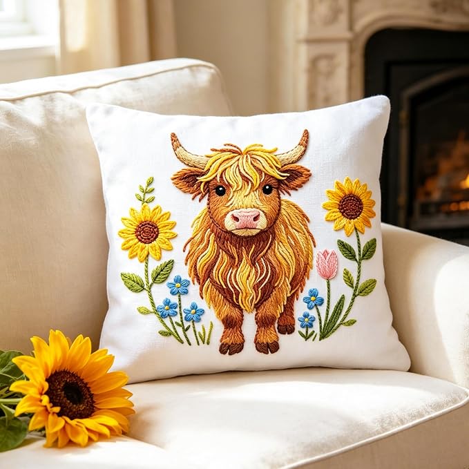 BEUNITONE 4pcs Embroidery Kit, Highland Cow & Sunflowers Stamped Embroidery Kits with Hoop, Thread & Needles, Colorful Cross Stitch Kits Sewing Gifts for Adults and Beginners, DIY Craft for Relaxation