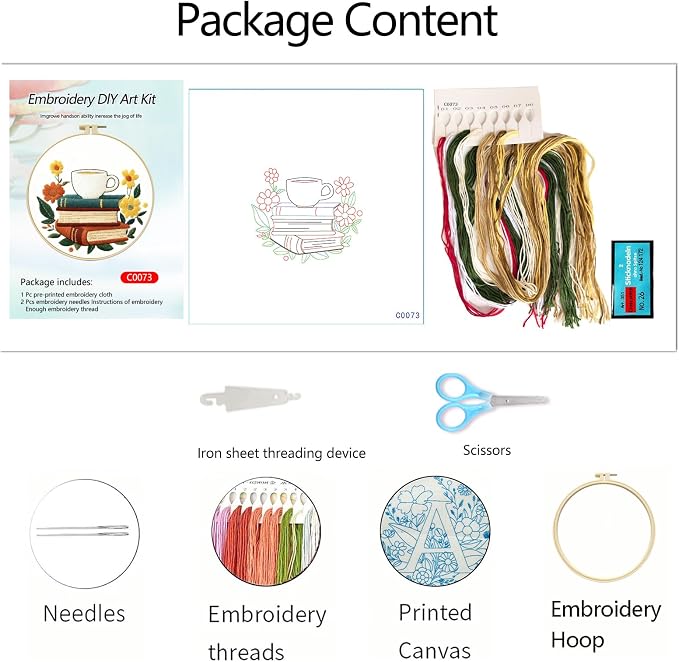 Zhenqing Book Lover Embroidery Kit for Beginners, Coffee & Books Needlework Craft with Pre-Printed Cotton Fabric, Hoop, Threads & Tools, Reading Nook Decor (C0073)
