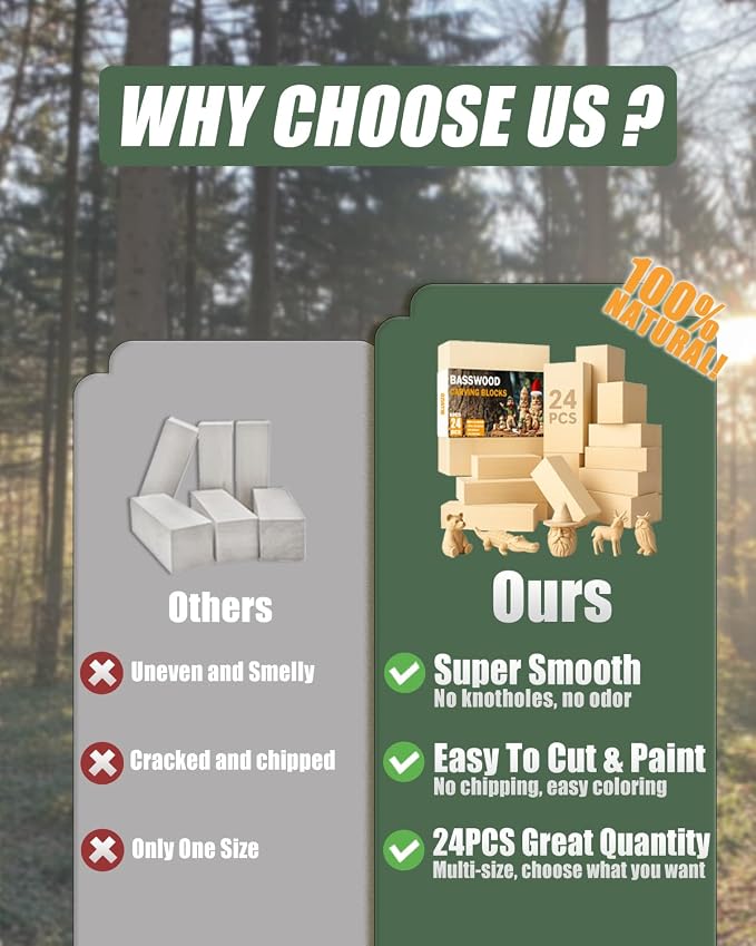 Basswood Carving Blocks 24 PCS: Whittling Wood Blanks in 3 Different Sizes
