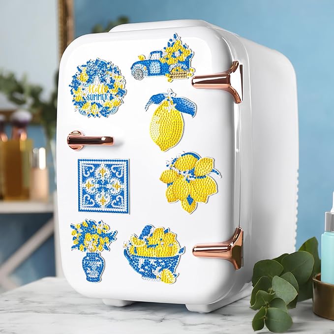 Zonon 12 Pcs Diamond Art Magnets Kit Lemon Mediterranean DIY Blue Yellow | Italian Capri Tiles Lemons Iris, Summer Fridge Decor, Diamond Painting Kit for Kitchen Amalfi Mediterranean Theme
