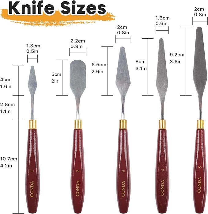 CONDA 5 Pcs Palette Knife Painting with 3 Plastic Scrapers, Stainless Steel Spatula Palette Knife Oil Paint Metal Knives Wood Handle