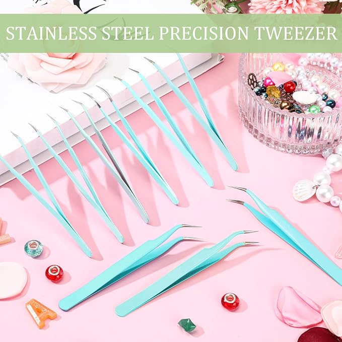 Honoson 9 Pcs Curved Pointed Craft Tweezers Precision Tweezer,Blue