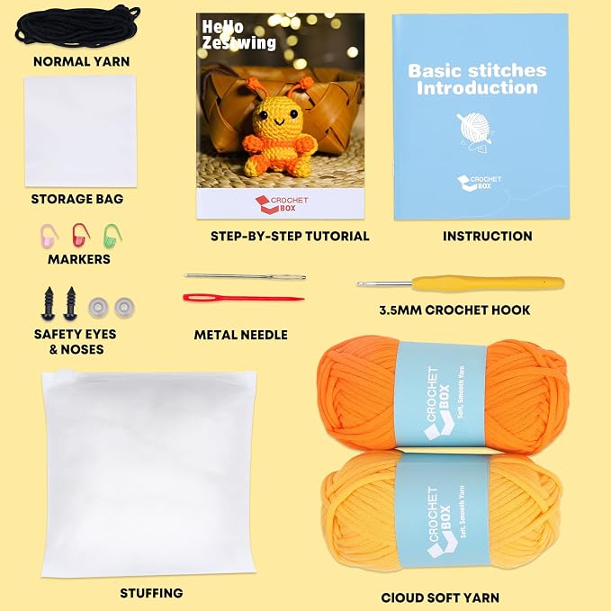 CrochetBox Crochet Kit for Beginner, Bee Easy Learn How to Crochet Stuffed Animals Gift for Adults and Teen(), Knitting Set with Yarn Hook Stitch-by-Stitch Video Tutorial(30%+ Yarn)