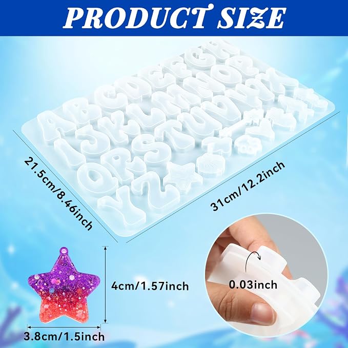 Alphabet Keychain Mold, Reversed Letter Keychain Silicone Molds with Holes, Alphabet Epoxy Resin Mold for DIY Jewelry Pendant Keychain (Ocean and Letter)