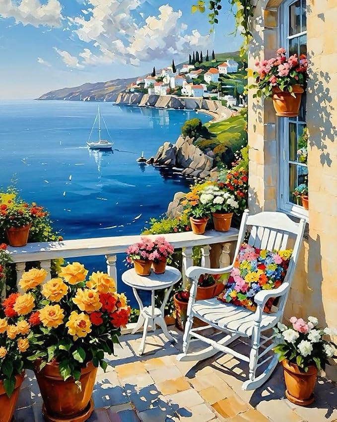 Paint by Numbers Kit for Adults, Coastal Balcony Painting, 16 x 20 Inch | DIY Adult Paint by Number Kit on Canvas for Beginners, without Frame, Seaside Landscape Wall Decor, Stress Relief Craft Gift