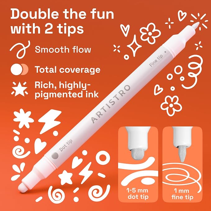 ARTISTRO White Dual-Tip Acrylic Paint Marker Pens - Set of 36 | For Fabric, Rock, Glass, Wood, & Coloring Books, Arts & Crafts Gift, Classroom Must Haves & School Supplies (Dot & Fine Tips)