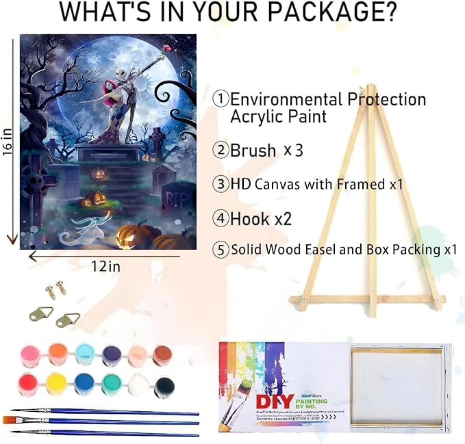 MIRCVSH Halloween Paint by Numbers for Adults with Framed Canvas-with Wooden Easel,Paint by Number on Canvas,DIY Acrylic Oil Painting Kits with Brushes Nice Gift Box for Home Wall Decor(12x16 Inch)