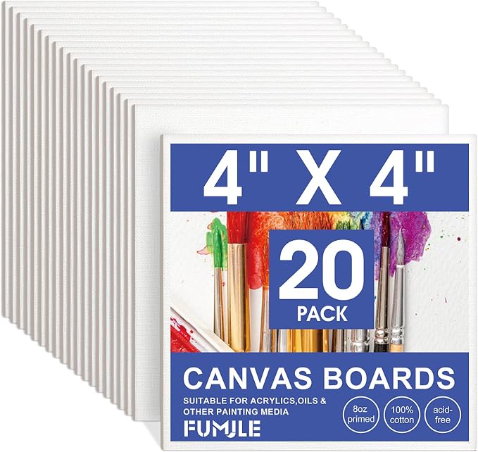 FUMILE 4x4 Mini Canvas for Painting, 20 Pack Small Canvases for Painting Primed Acid Free Canvas Boards for Painting for Beginners & Artist, Blank Canvas Panels for Classroom and Painting Parties.